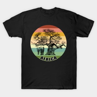 Baobab and Elephants on Vintage Retro Africa Sunset T-Shirt